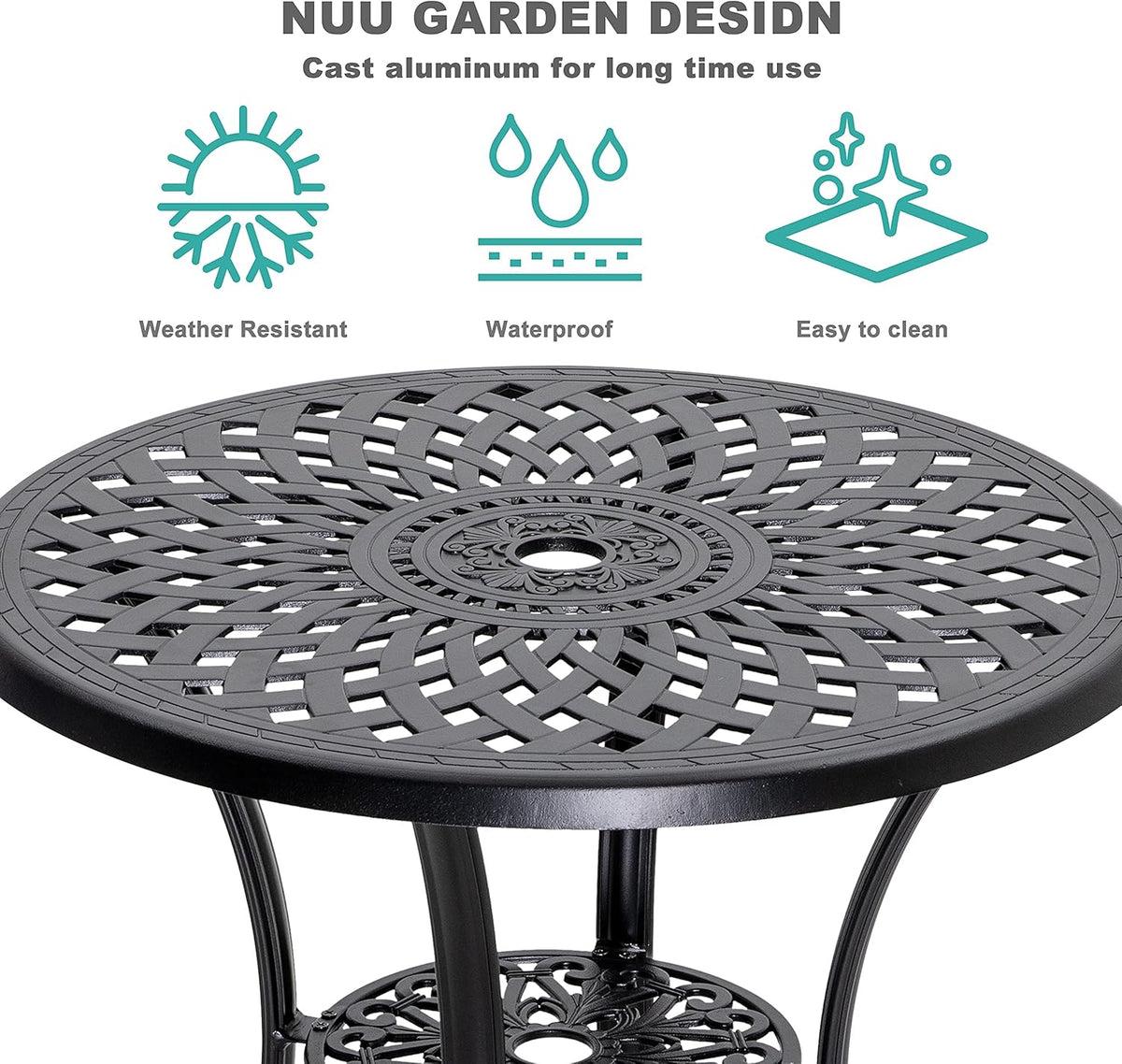 Black 42 Inch Round Cast Aluminum Patio Dining Table with Umbrella Hole G60086