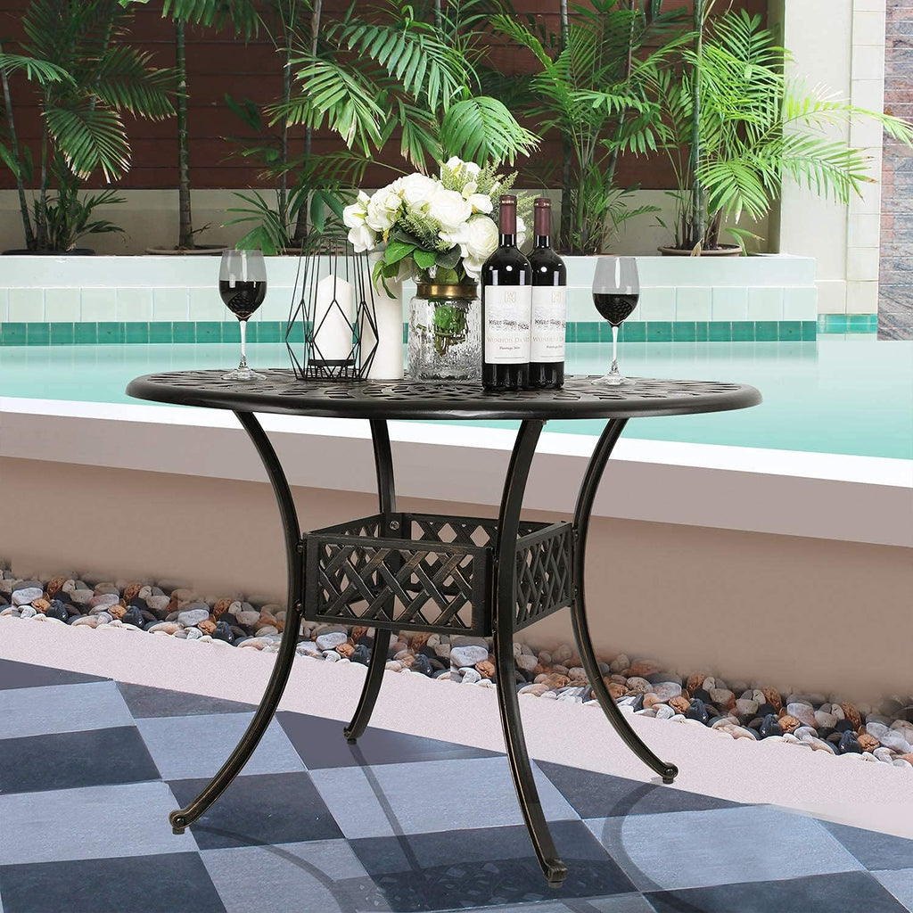 Black 42 Inch Round Cast Aluminum Patio Dining Table with Umbrella Hole G60086