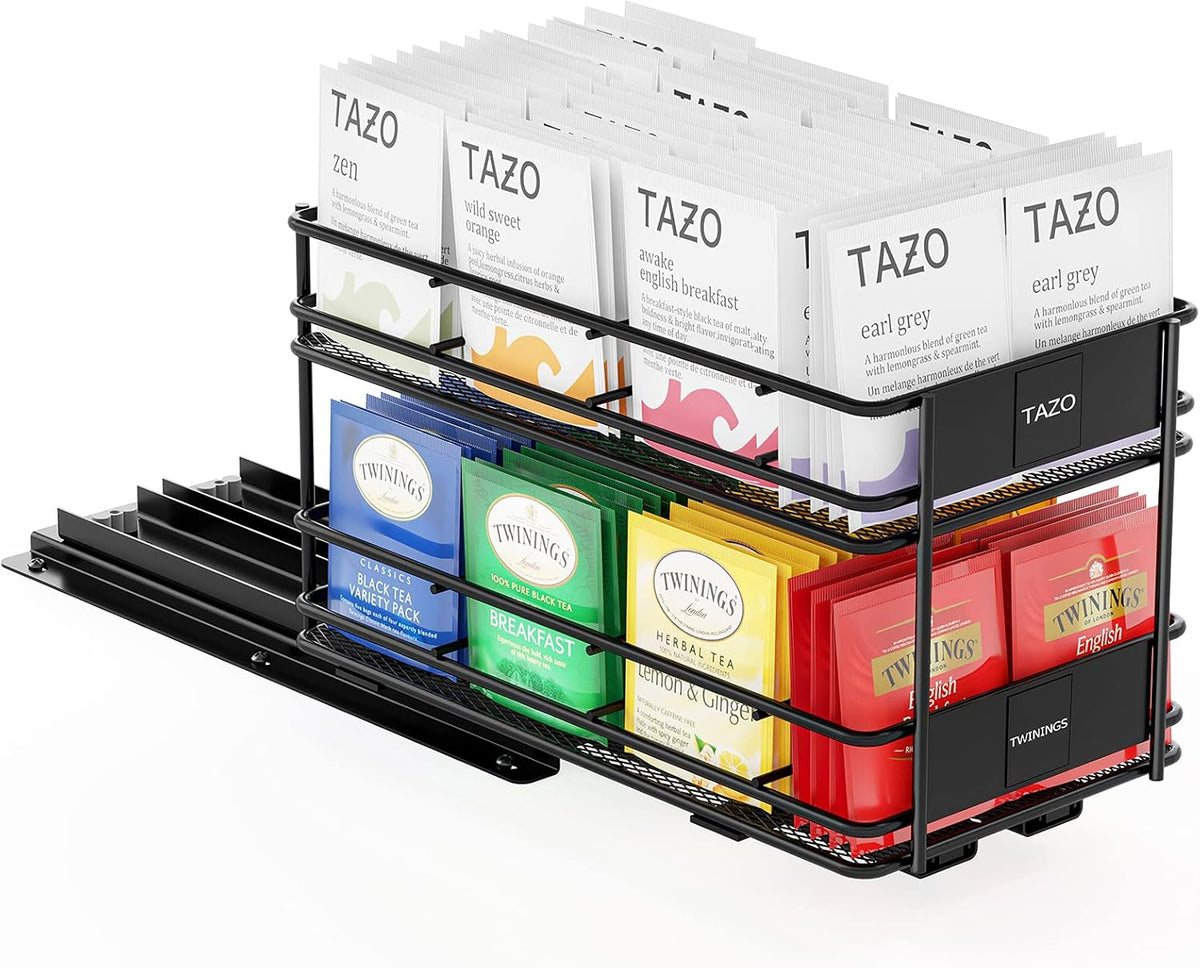 Black 1 Drawer 2-Tier Pull Out Tea Bag Organizer Rack with 70 Labels and Chalk Marker Z14681