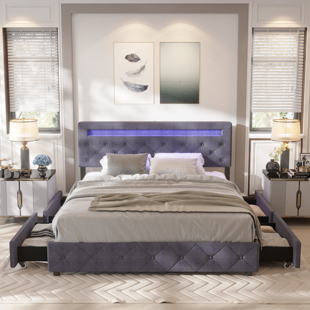 Full Size Upholstered Platform Bed Frame with LED Light Headboard L73725