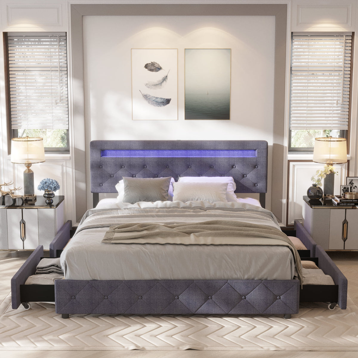 Full Size Upholstered Platform Bed Frame with LED Light Headboard L746