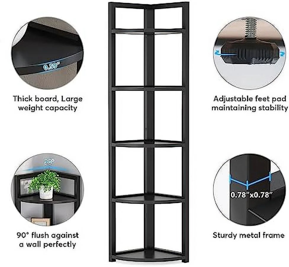 6 Tier 70.9 Inch Tall Corner Bookshelf Black V127