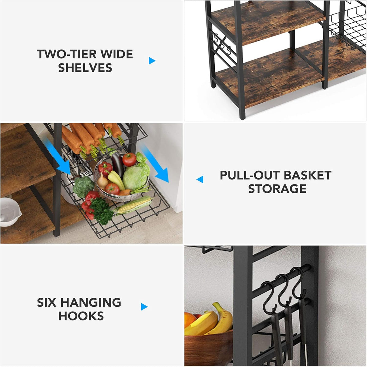 Kitchen Cart Microwave Oven Stand Utility Storage Shelf with Wire Basket and 6 Hooks T879508