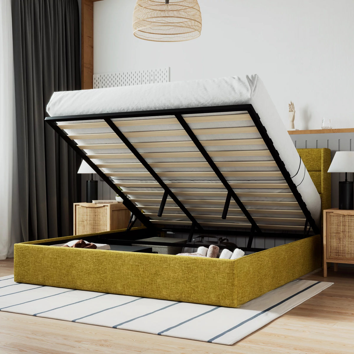 Beige Queen Size Lift Up Platform Bed Frame with Headboard W307