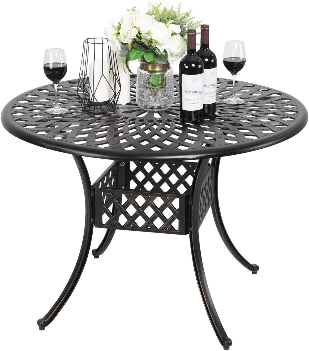 Black 42 Inch Round Cast Aluminum Patio Dining Table with Umbrella Hole G60086