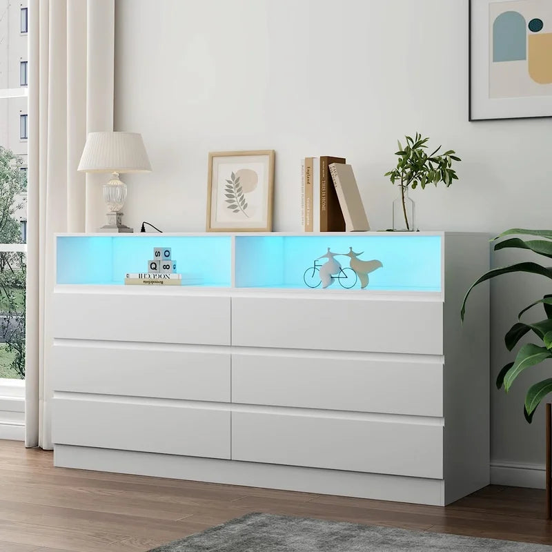 White 6 Drawer Double Dresser with Power Outlet and LED Light F244