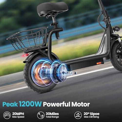 Electric Scooter with Seat, 1200W Motor, 30 Miles Range, Foldable with Basket N1703