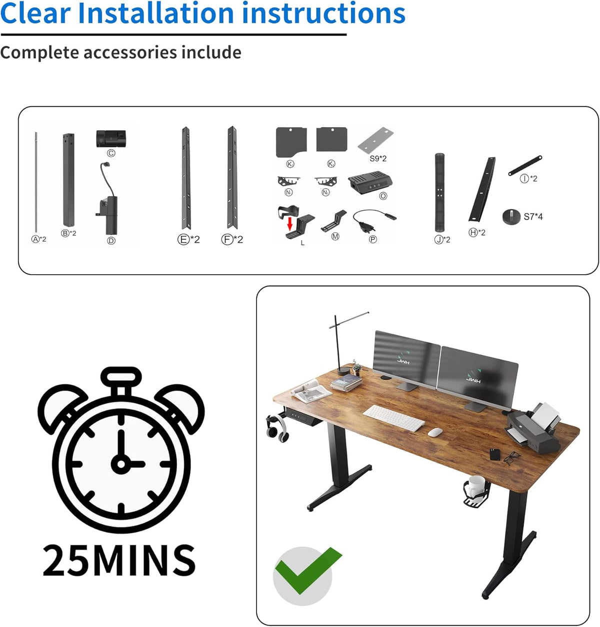 55 inch Adjustable Height Electric Standing Desk with Cup Holder, Headphone Hook, Cable Manager, Mouse pad, Walnut Wood V25906