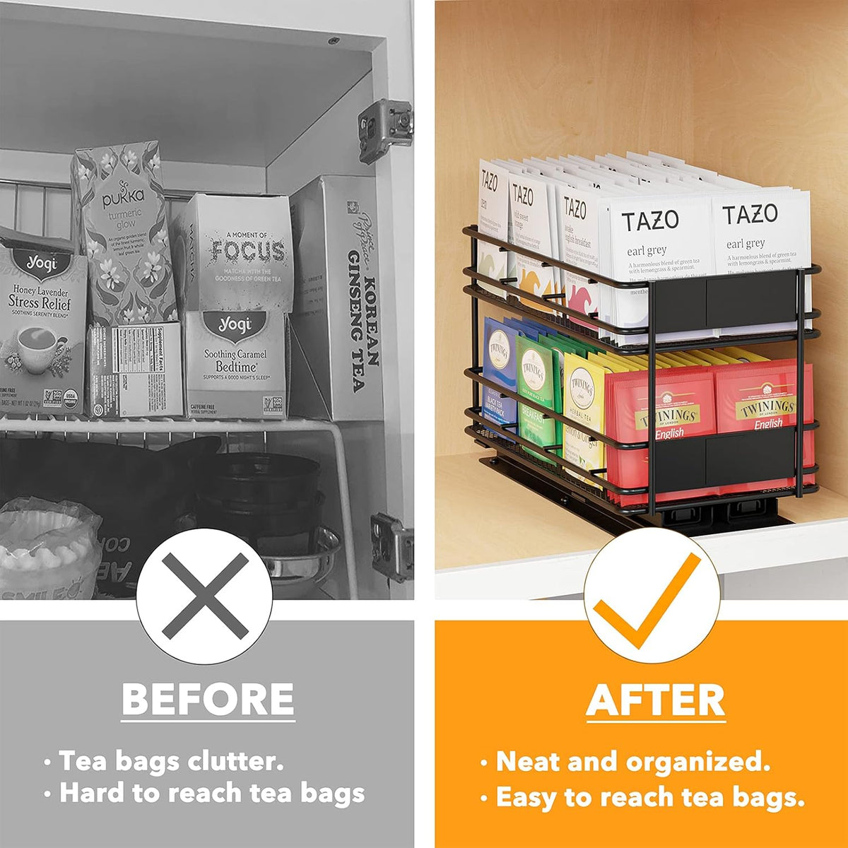 Black 1 Drawer 2-Tier Pull Out Tea Bag Organizer Rack with 70 Labels and Chalk Marker Z14681