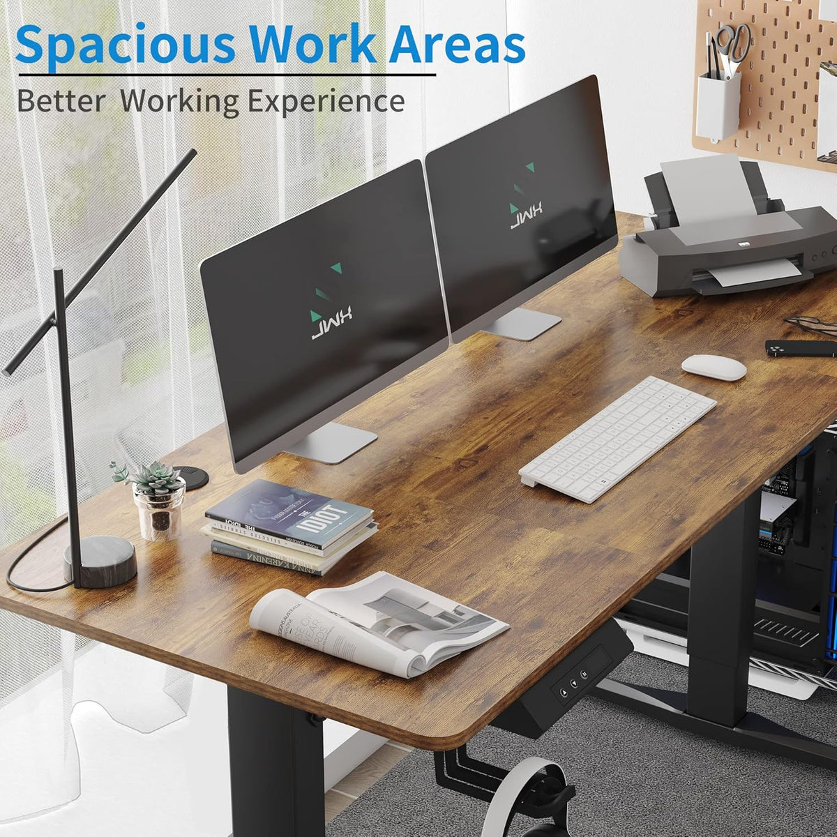 55 inch Adjustable Height Electric Standing Desk with Cup Holder, Headphone Hook, Cable Manager, Mouse pad, Walnut Wood V25906