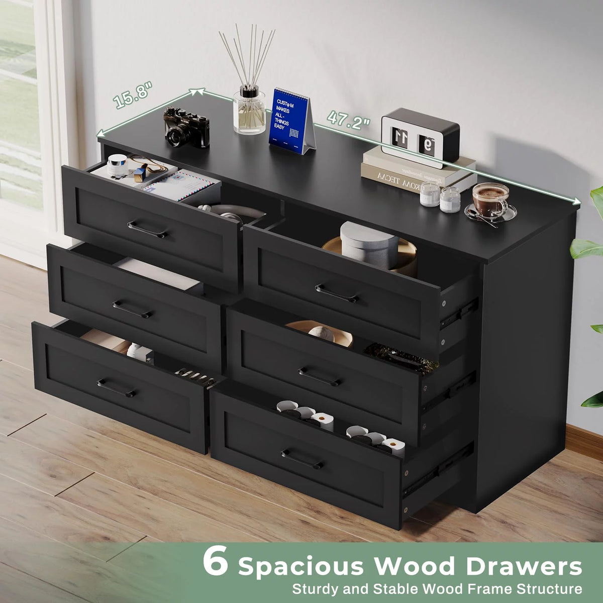 Black 6 Drawer Wood Dresser C531