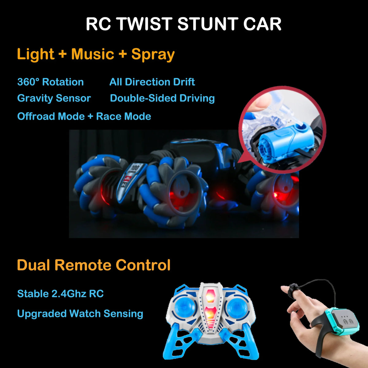RC Stunt Car with Spray Light and Music, 4-Wheel-Drive Off Road Twisting Car Toy B243