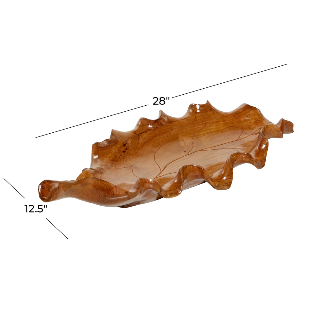 Brown Teak Wood Handmade Live Edge Leaf Tray C613136