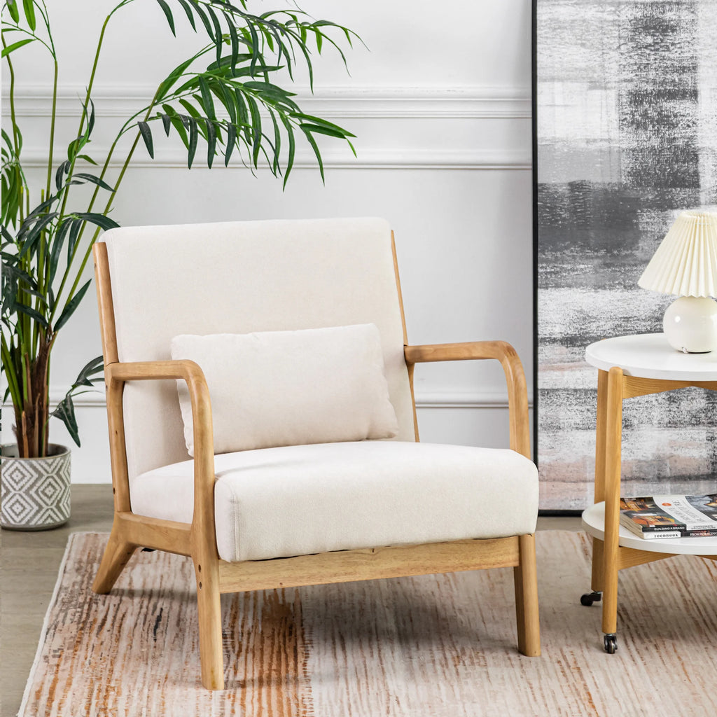 Beige Linen Upholstered Accent Armchair with Solid Wood Frame and Pillow H518