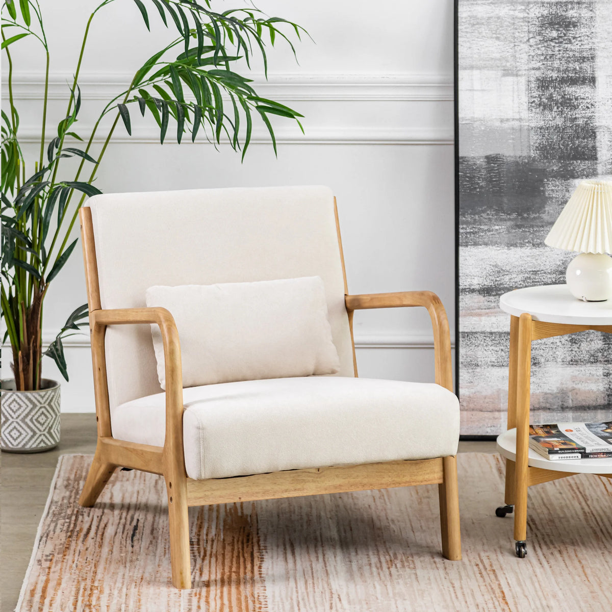 Beige Linen Upholstered Accent Armchair with Solid Wood Frame and Pillow H518