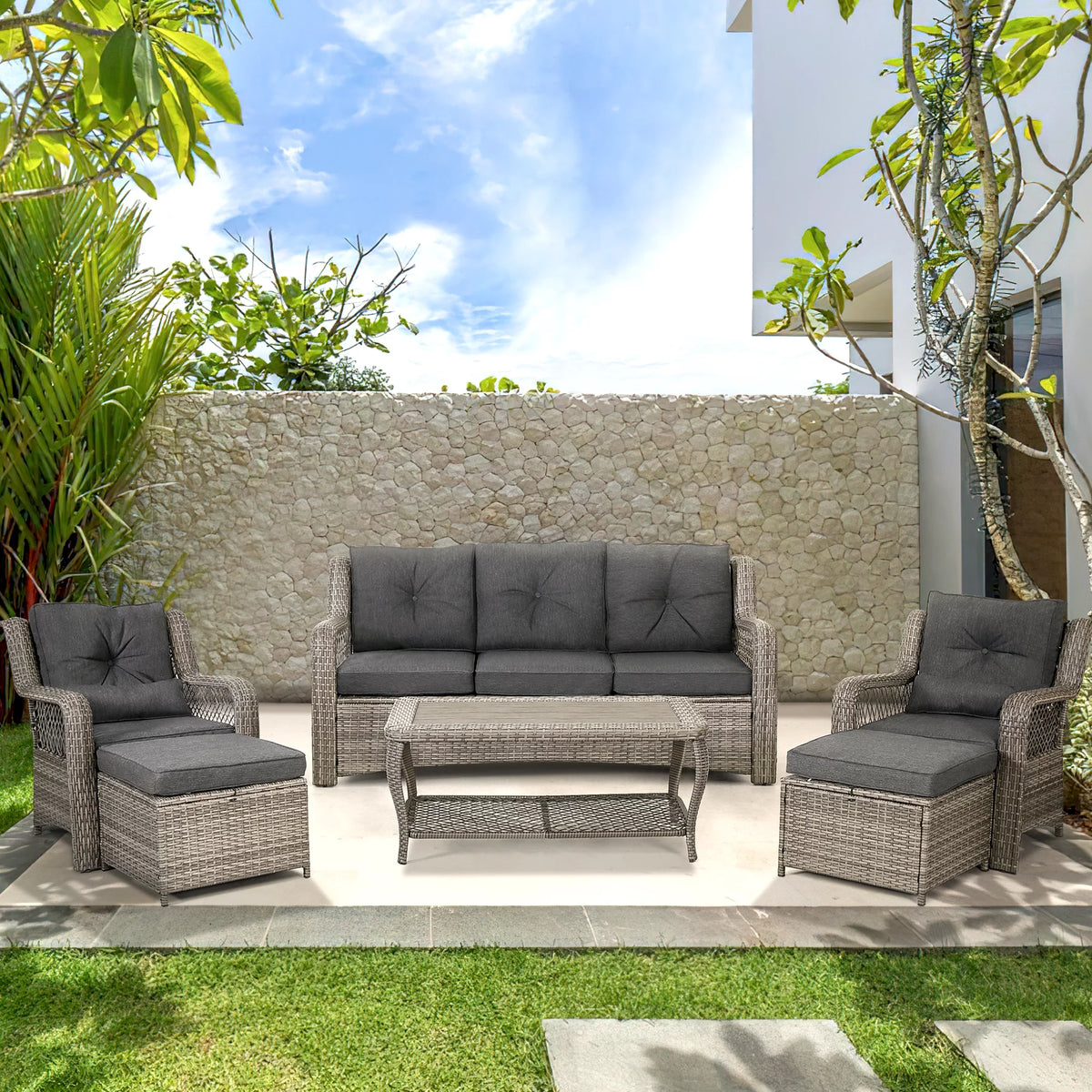 6 Piece Grey Rattan Patio Furniture Set with Ottoman N109