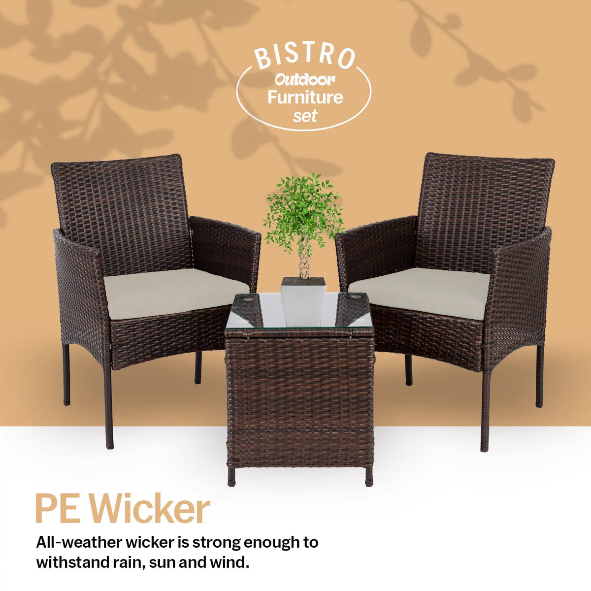 3 Piece Patio Rattan Furniture Set Beige D895