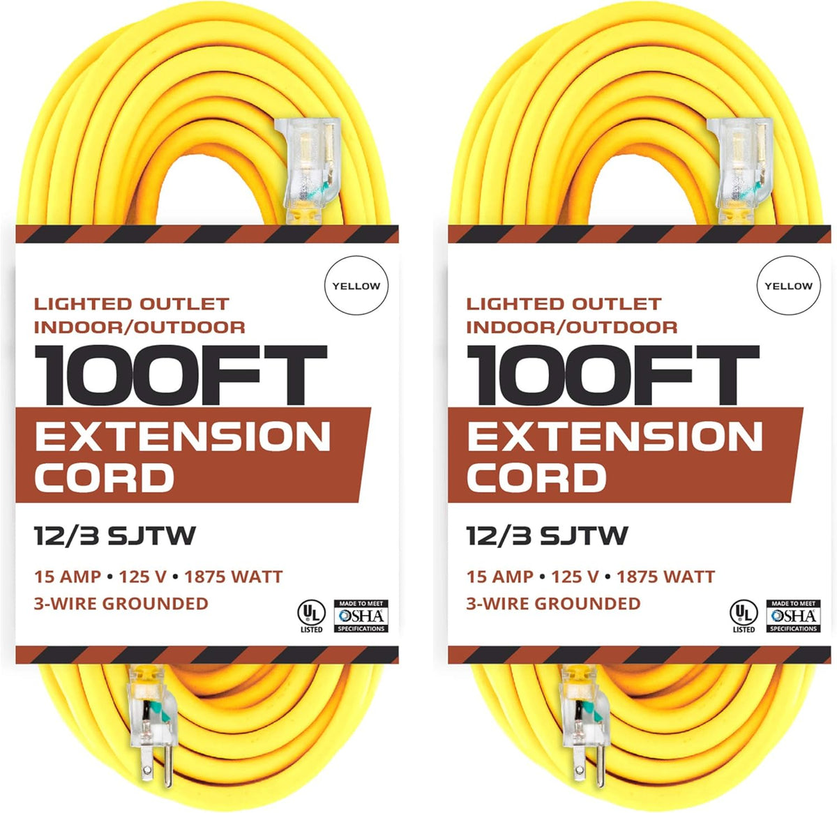 75 Foot Lighted Outdoor Extension Cord - 12/3 SJTW Heavy Duty Yellow Extension Cable with 3 Prong Grounded Plug, 15 AMP Y456853