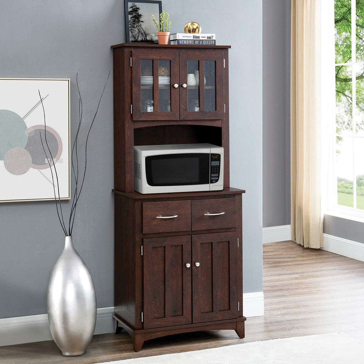 Gray Microwave Stand with Top and Bottom Cabinets X485