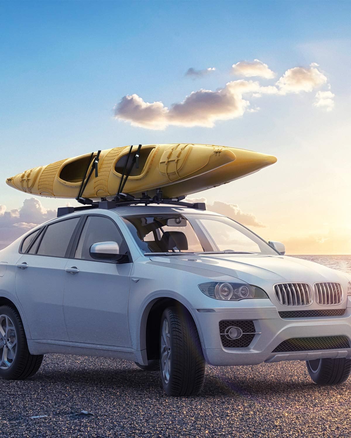 Kayak Roof Rack for 2 Kayaks Folding Aluminum Kayak Carrier J Bar with Paddle Holder Y18738