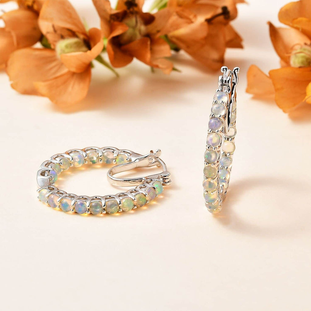 Opal Round 925 Sterling Silver Platinum Plated Inside Out Hoop Earrings Ct 2.13 Q10185