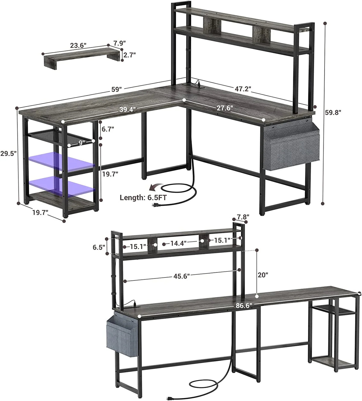Grey Oak L Shaped Desk with Power Outlet & LED Strip Y88554