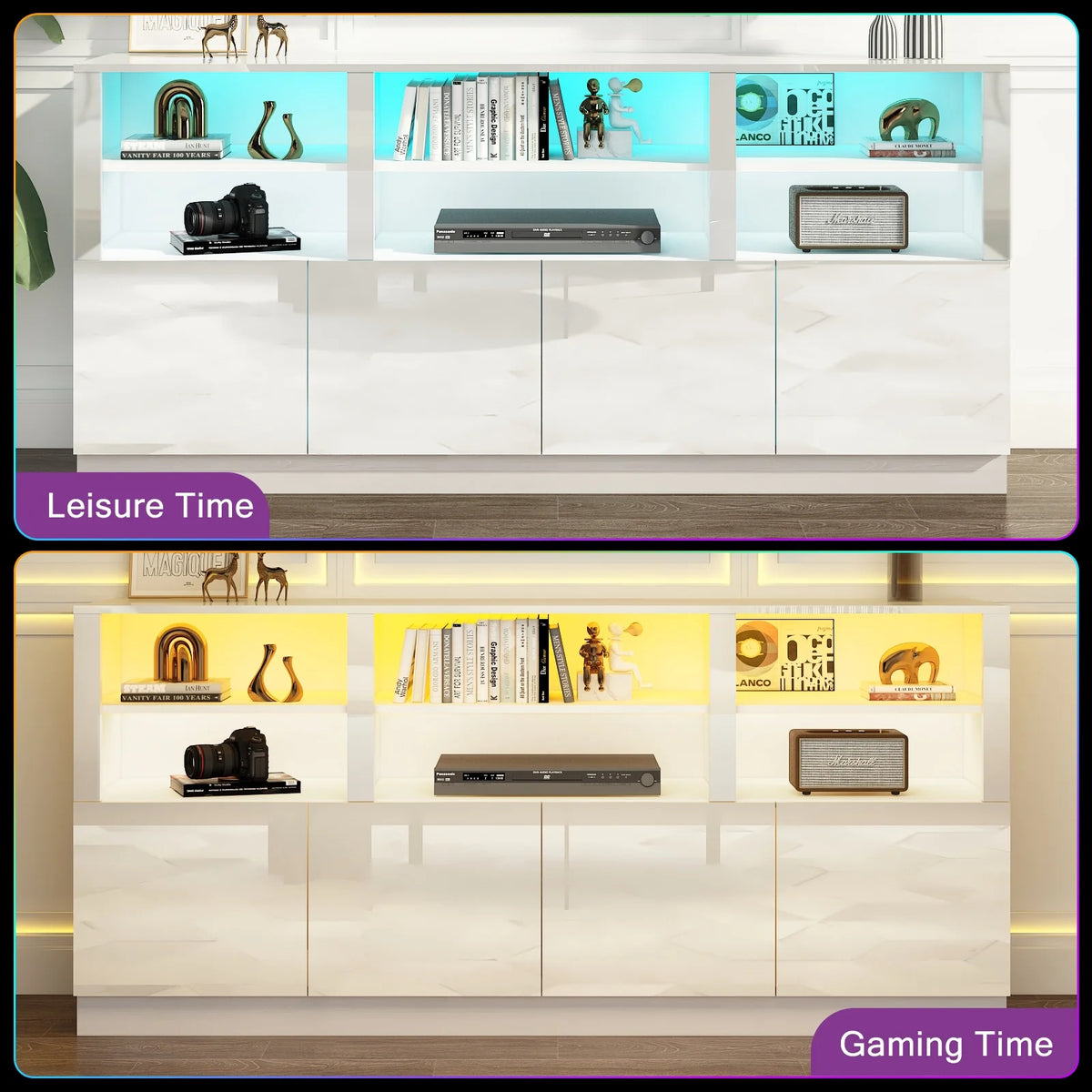 White 70" LED TV Stand with 6 Shelves and Storage Cabinets W7009