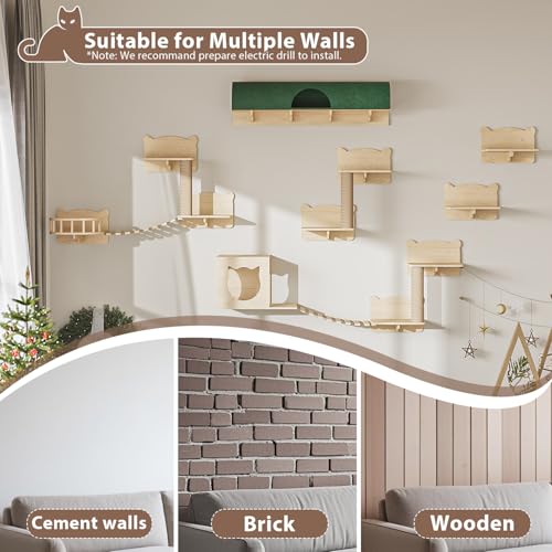 16 Pcs Wooden Cat Wall Shelves with Bed and Scratching Post W2223