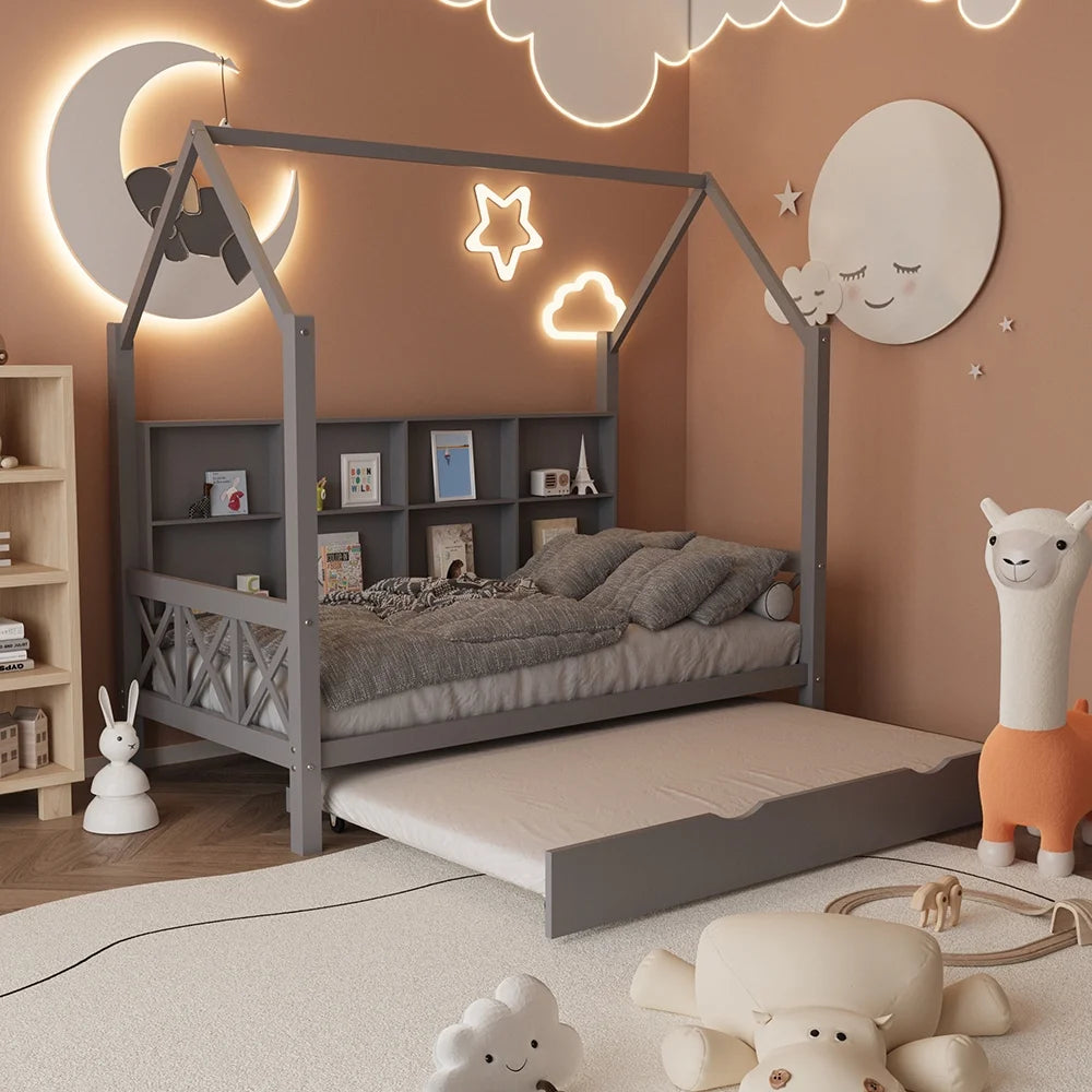 Twin House Bed with Trundle and Storage Shelve I340