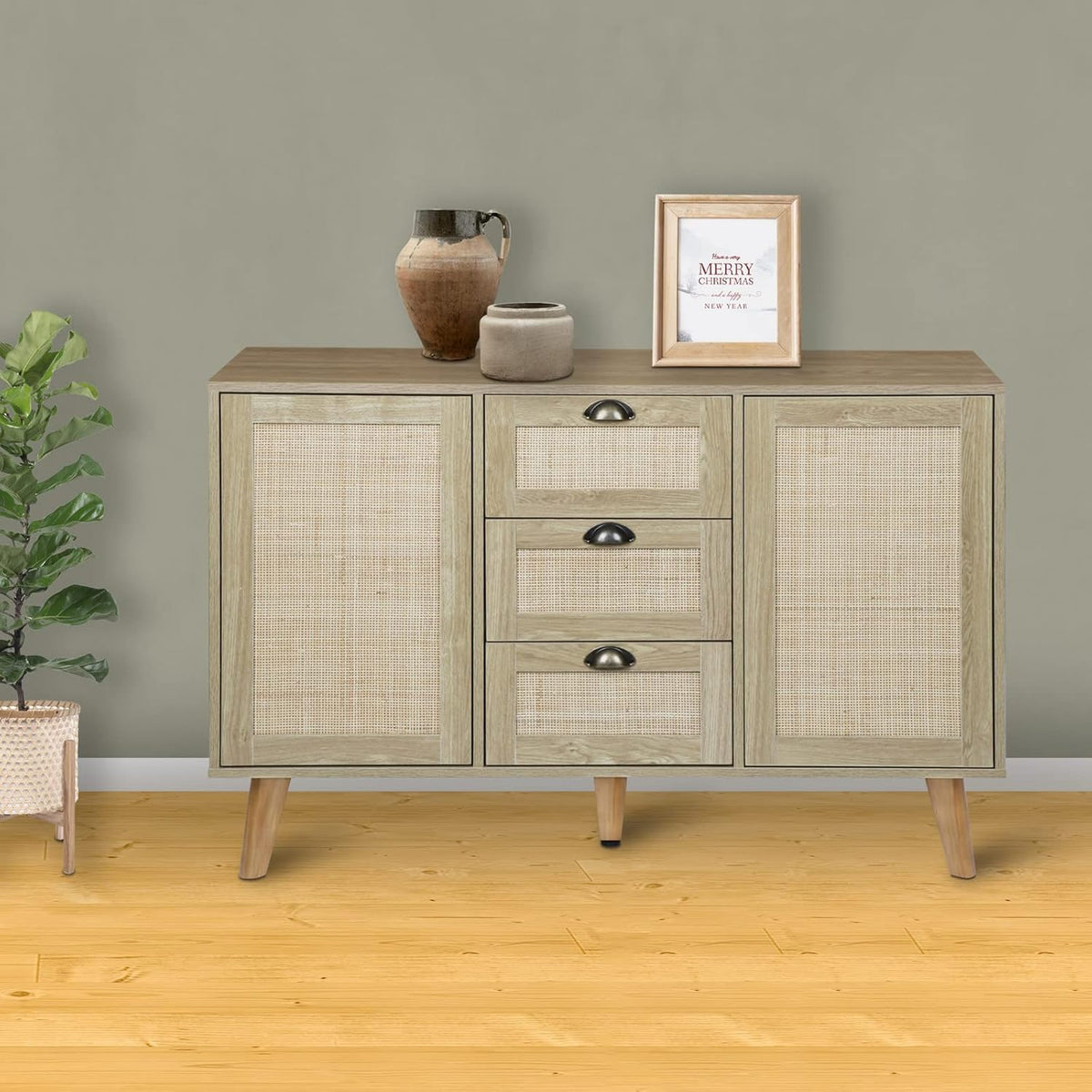 Natural Wood TV Stand with Rattan Doors T654
