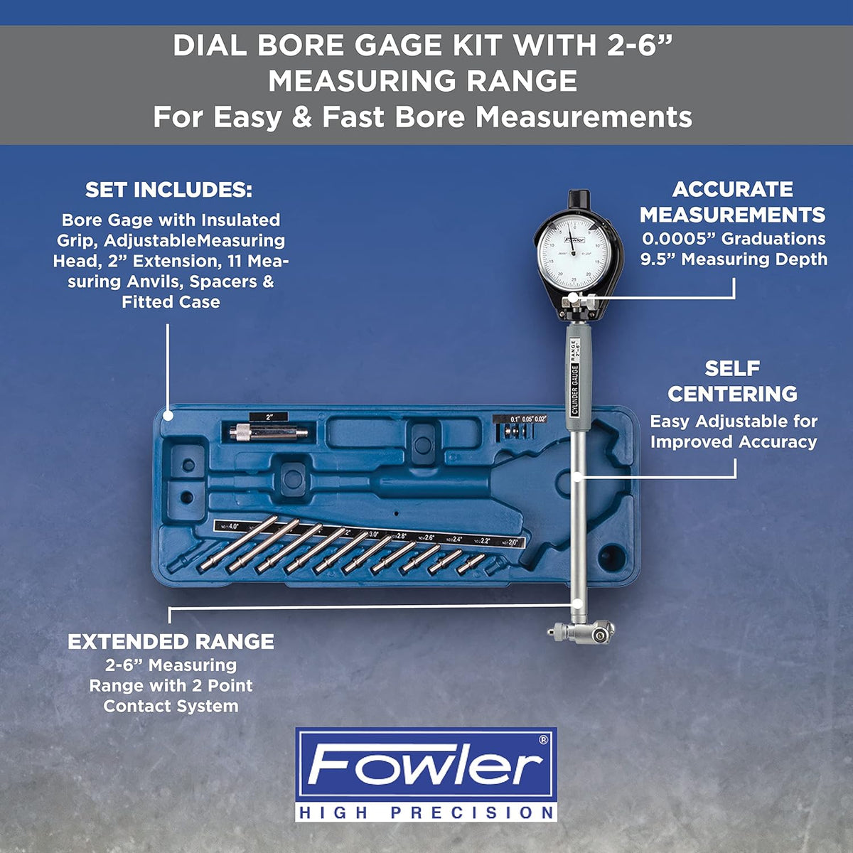 Dial Bore Gage with 2-6 Measuring Range, Self-Centering, Carbide Anvils, Case Included T9797