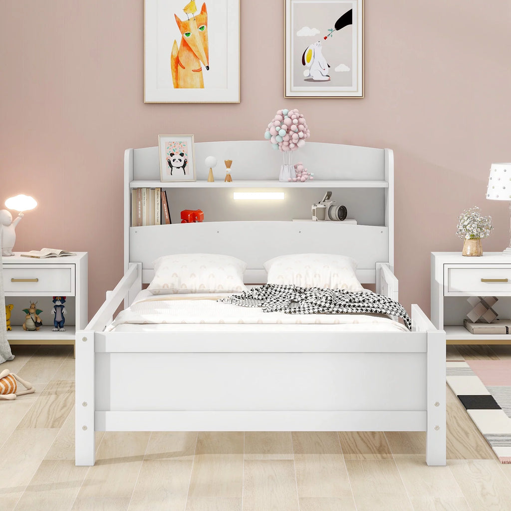 Twin Size Wood Platform Bed with Storage Headboard and Guardrail W215976