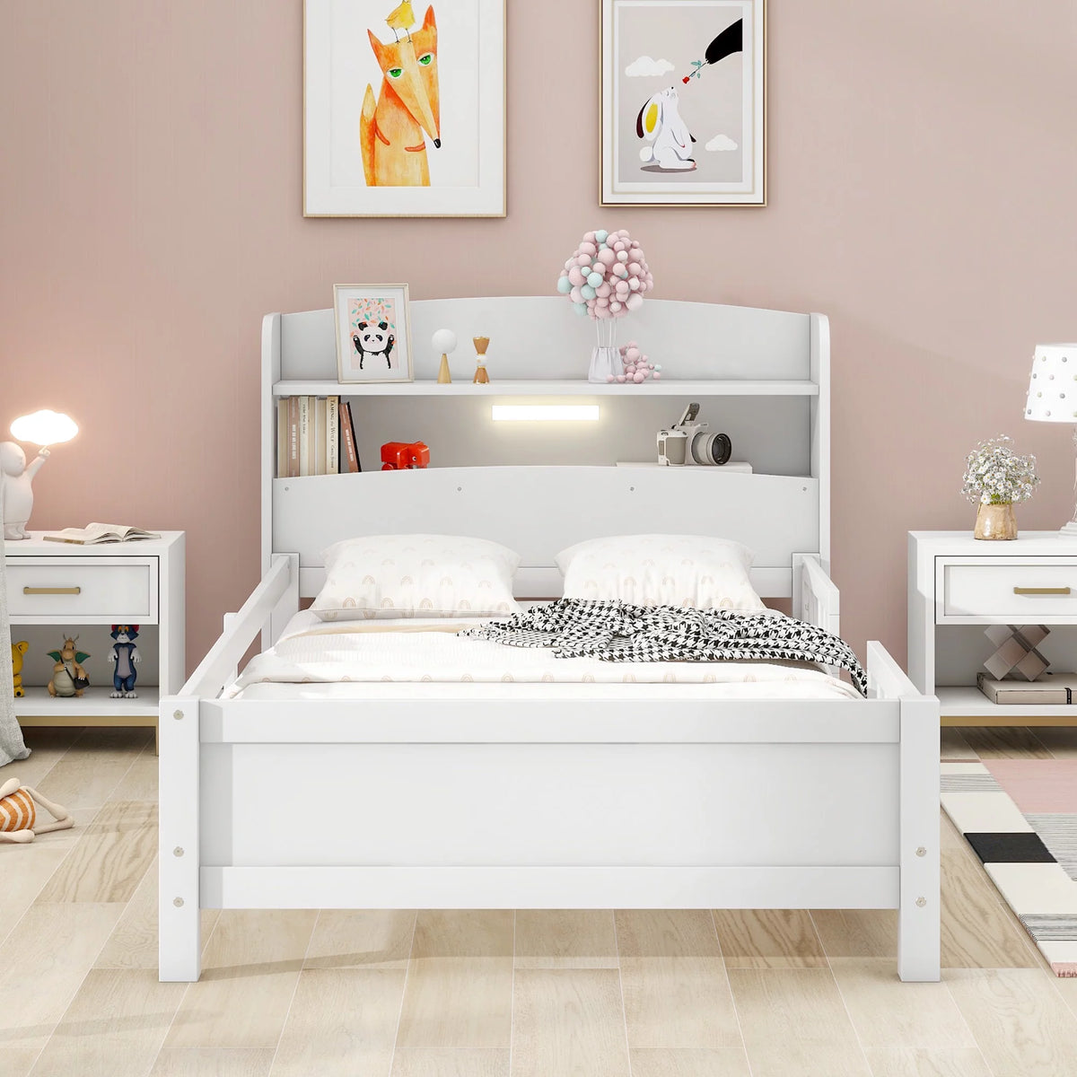 Twin Size Wood Platform Bed with Storage Headboard and Guardrail W215976
