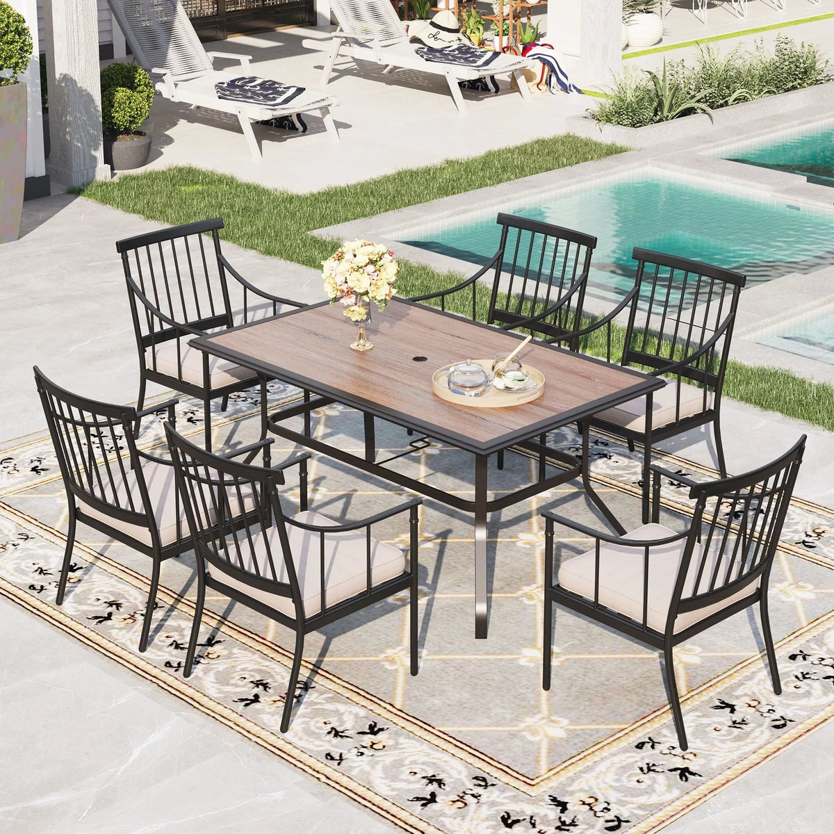 Outdoor Patio Dining Table for 6 Metal Frame Wood-Look Top Q230853